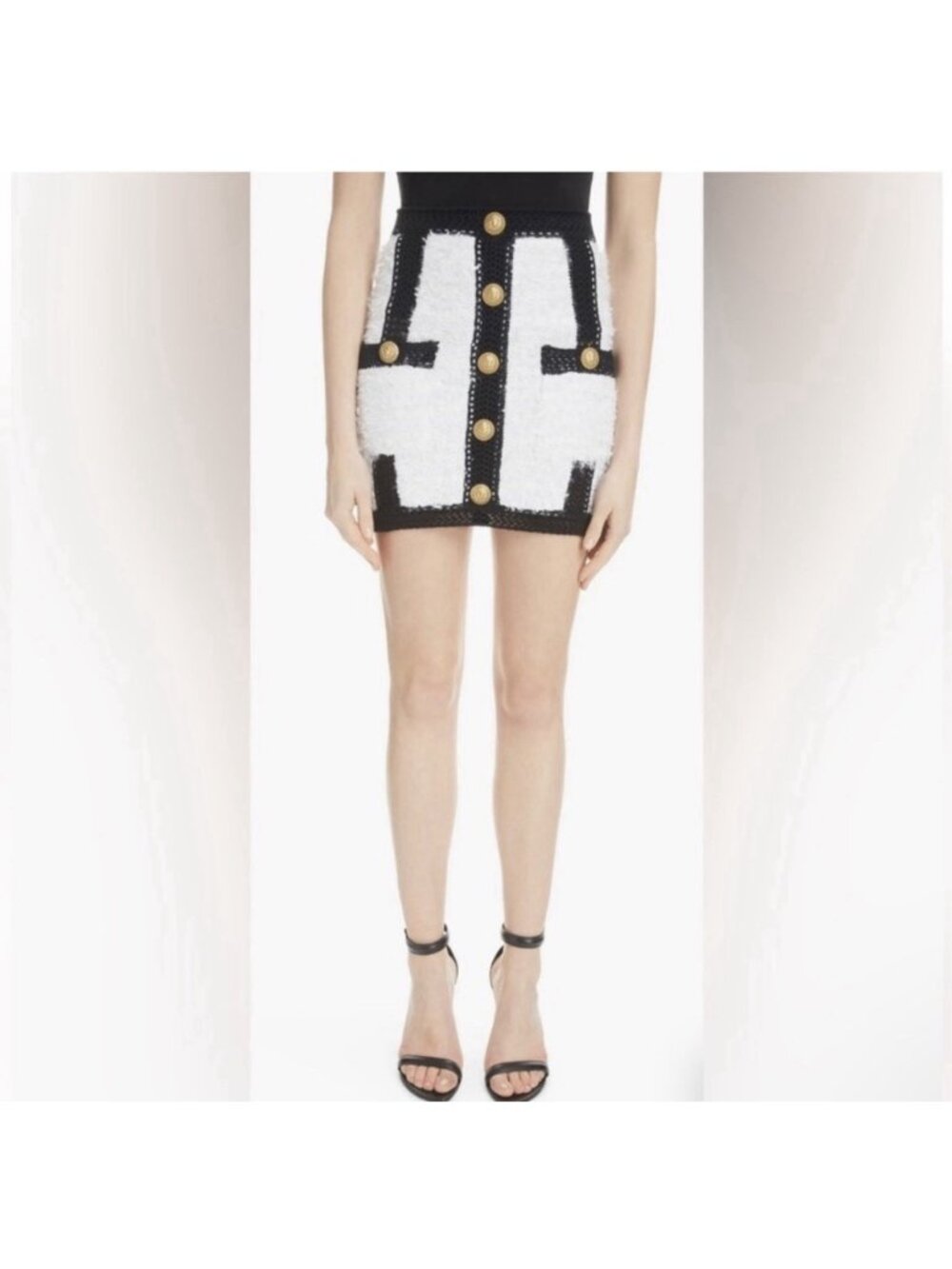 Balmain Paris Authentic Black White Boucle Knit Mini Skirt Lion Buttons Small